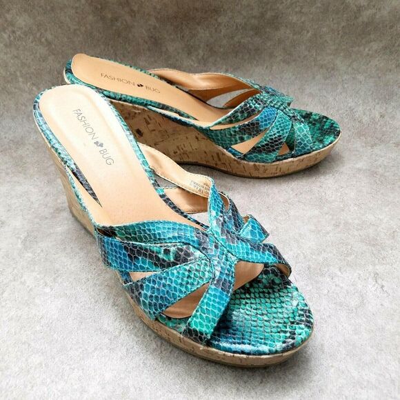 Fashion Bug Womens Snake Sz 9.5 M Blue Open Toe Slide 4" Wedge Sandals - Picture 5 of 12